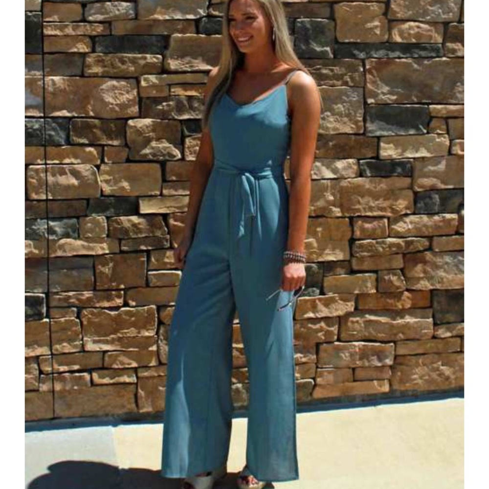 She + Sky Blue Slate Cami Jumpsuit w/ Waist Sash